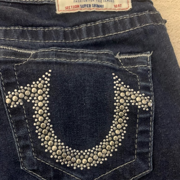 Vintage True Religion Dark Wash Denim Women Jean Rhinestone Super Skinny Size 27 - Picture 2 of 13